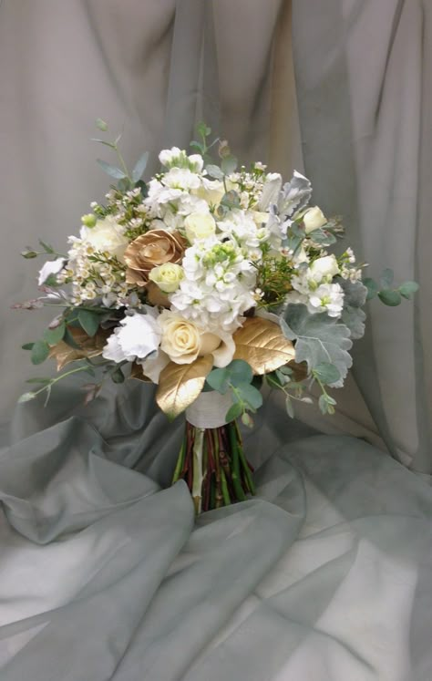 Gold White Champagne Wedding, White Bouquet With Gold Ribbon, Gold Floral Bouquet, White And Copper Bridal Bouquet, Gold And White Bouquet Wedding, White Green And Gold Wedding Flowers, White And Rose Gold Bouquet, White And Gold Wedding Flowers Bridal Bouquets, Forest Green And Gold Wedding Bouquet