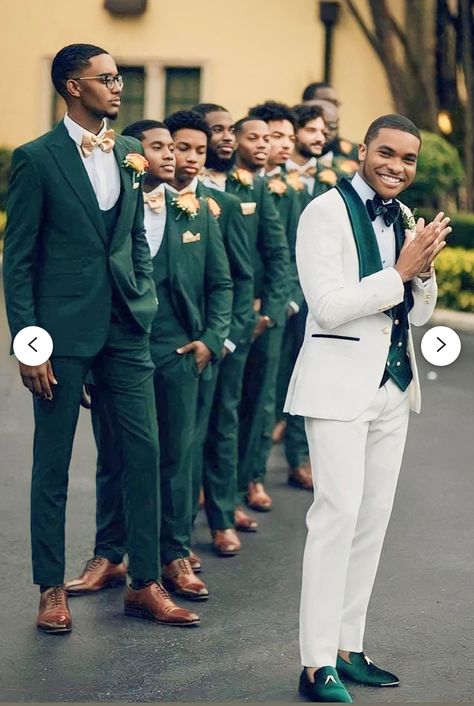 Soft Green Wedding Theme, Green Bridal Party Groomsmen, Green And Orange Wedding Theme, Green Suits For Men, Teal Wedding Theme, Tuxedo Wedding Groomsmen, Groom Wedding Pictures, Latest Bridesmaid Dresses, Groomsmen Photos