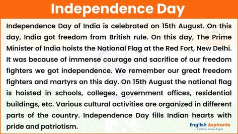 Essay on Independence Day in English Independence Day Article, 15th August Speech In English, Independence Day Speech In English, Lines On Independence Day, English Paragraph, Essay On Independence Day, Independence Day Of India, Independence Day Speech, Tiger Facts