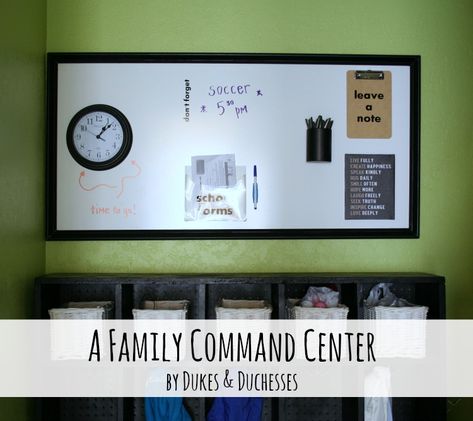 a family command center {with a DIY dry erase board}  Would add Sunday- Saturday empty boxes for appts + due dates Diy Dry Erase Board, Home Command Center, Peg Boards, Wrapping Station, Command Centers, Family Command Center, Organization Station, Marker Board, Creative Workspace