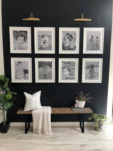 Picture Wall Ideas 11x14, Black Wall With Gallery Frames, Vintage Morden Interior, Big Entryway Wall Ideas, Betenbough Homes Decor, Dark Gallery Wall Ideas, Black Wall Photo Gallery, Family Room Wall Decor Ideas Modern, Gallery Wall With Table Under