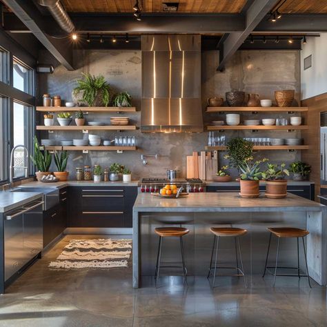 Kitchen Industrial Shelves, Warehouse Kitchen Industrial Style, Neo Industrial Kitchen, Home Industrial Kitchen, Industrial Kitchen Design Inspiration, Industrial Outdoor Kitchen, Industrial Interior Design Kitchen, Commercial Kitchen Design For Home, Modern Industrial Farmhouse Kitchen