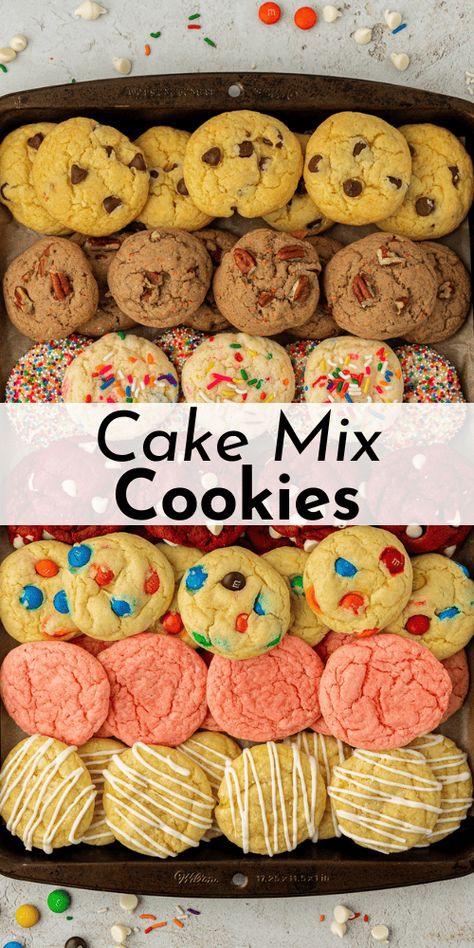 You've just hit the holy grail of cake mix cookies! I'm giving you not one or two cake mix cookie flavors below, but thirteen! It starts with a simple 4-ingredient cake-mix cookie recipe and then the options are almost endless! This is the ultimate cookie recipe you need in your baking back pocket. 4 Ingredient Cake Mix Cookies, Cake Mix Strawberry Cookies, 2 Ingredient Cake Mix Cookies, How To Make Cake Mix Cookies, Confetti Cookies Recipe Cake Mixes, Cookie With Cake Mix Boxes, Cake Mix Molasses Cookies, Cookies With Spice Cake Mix Boxes, Christmas Cookies Using Cake Mix Boxes