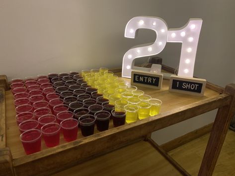 1 shot entry 21st Birthday Party Bar Ideas, No Shot No Entry Party, Shots Table Party Ideas, 21st Bday Table Decorations, Entry Shots Party, Shot To Enter Party Sign, Shot Table Party Ideas, Entry Fee One Shot Party, Birthday Bar Ideas