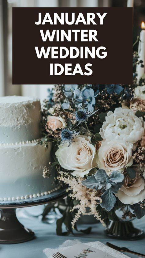 Elegant January winter wedding setup with a seasonal cake, winter bouquet, and soft color palette. January Wedding Bouquet, Elegant Cake Ideas, Winter Wedding Outside, Winter Wedding Cakes, Winter Bouquets, Winter Wedding Ideas, Elegant Cake, January Wedding, Winter Wedding Cake