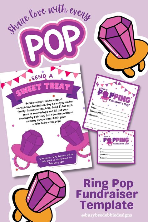 Candy Gram Ideas Valentine Fundraiser, Valentine Grams Fundraiser Ideas, Fundraising Ideas College, Fundraiser Ideas School, Valentine Candy Grams, College Event Ideas, Ring Pop Valentine, Ring Pops, Pta Fundraising