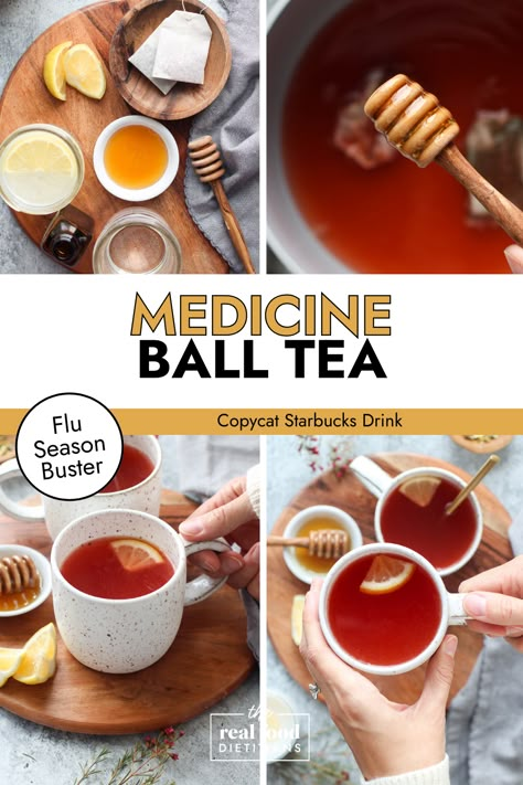 This is our copycat version of the Medicine Ball Starbucks Tea, so you can be the barista and save money and time by making it at home this flu season! Use this recipe made with simple ingredients like green and peach hot tea, mixed with steamed lemonade and peppermint extract, to soothe a sore throat and help you get over a cold or cough. Allergy Tea Recipe, Sore Throat Tea Recipes, Best Tea For Sore Throat, Sore Throat Foods To Eat, Medicine Ball Tea Recipe, Steamed Lemonade, Medicine Ball Starbucks, Peppermint Tea Recipe, Honey Citrus Mint Tea