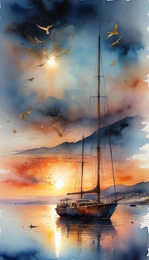 Abstract Seascape Paintings Watercolor, Sailboat Painting Watercolor, Watercolor Paintings Nature, Persian Art Painting, Art Tutorials Watercolor, Flow Painting, Sailboat Painting, Watercolor Pictures, Diy Watercolor Painting