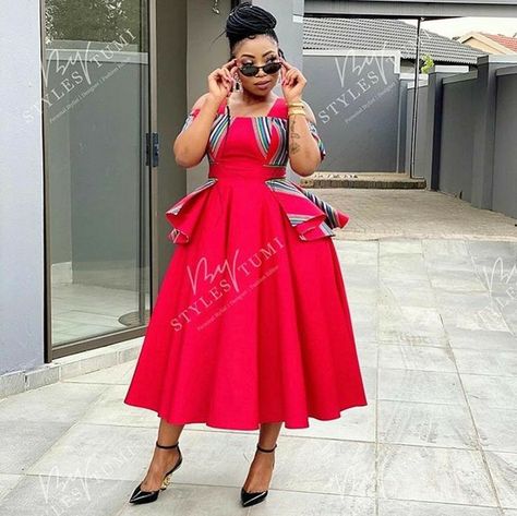 Seshweshwe Dresses Design African Style, Sepedi Attire, Venda Traditional Dresses, Venda Traditional Attire, Pedi Traditional Attire, Peplum Wedding Dress, Sepedi Traditional Dresses, Red Peplum Dresses, South African Traditional Dresses