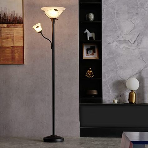 Torchiere Floor Lamp Tiffany Style w/ Side Reading Light, 3-Way Switch Combo Antique Bronze Mother Daughter Floor Lamp w/ Glass Shade, 71" Reading Floor Lamp for Living Room Corner Bedroom Home Office - - Amazon.com Corner Bedroom, Reading Floor Lamp, Floor Lamp For Living Room, Lamp With Glass, Tall Floor Lamps, Industrial Floor Lamps, Bedroom Corner, Tall Lamps, Living Room Corner