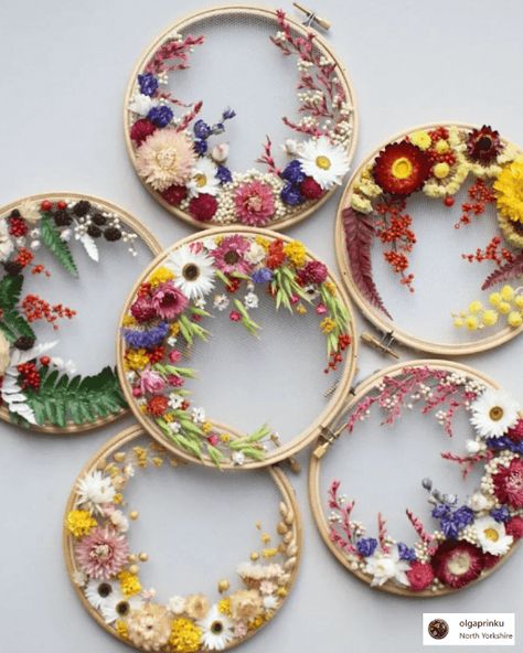 Top 12 Cool Crafting Trends to try in 2023 | DIY Inspo | Now thats Peachy Dried Flower Embroidery Hoop, Crafts Using Dried Flowers, Things To Do With Dried Flowers, Wreath Window Decor, Olga Prinku, Dried Flower Crafts, Wreath Window, Trending Crafts, Dried Flower Wreath