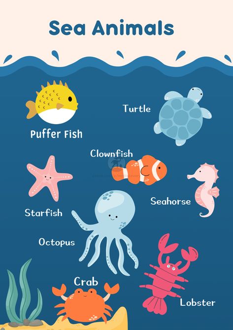 Introduce kids to the wonders of the ocean with this cute and simple sea animals poster! Featuring playful illustrations of sea creatures like whales, dolphins, and turtles in soft blue tones, this poster is perfect for decorating classrooms, playrooms, or nurseries. It’s a fun and educational way to help kids learn about marine life while adding a calming ocean-inspired touch to any space.

#SeaAnimalsPoster #KidsRoomDecor #EducationalPrintables #OceanAnimals #PrintableForKids Sea Animal Chart, Sunlight Zone Ocean Animals, Sea Animals Poster, Blue Sea Animals, Animals Poster, Poster Blue, Simple Template, Class Decor, Simple Poster