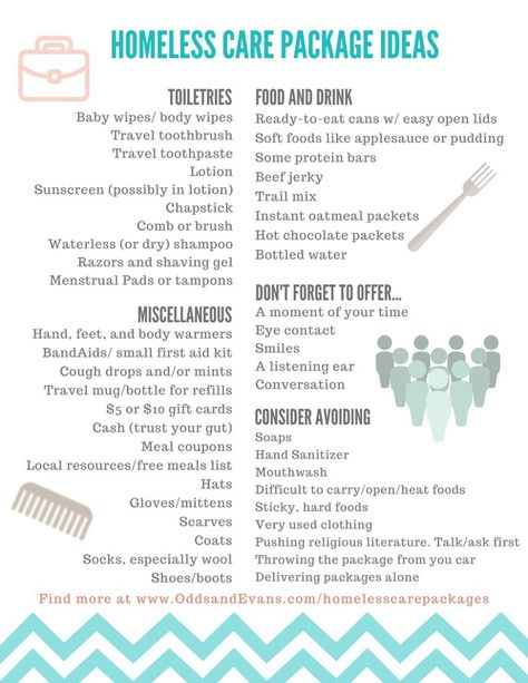 Homeless Care Packages plus Printable checklist and dos/don'ts. Grab some extra items while you're shopping to make these "blessing bags" for handing to those in need - Odds & Evans Homeless Care Package Ideas, Homeless Bags, Homeless Care Package, Instant Oatmeal Packets, Community Service Ideas, Care Package Ideas, Body Wipes, Blessing Bags, Package Ideas