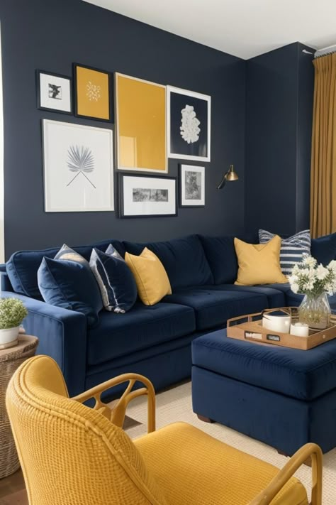 Navy Blue Couch Living Room Decor, Living Room Bold Colors, Blue And Mustard Living Room, Black White Living Room, Mustard Living Rooms, Blue And Gold Living Room, Blue And Yellow Living Room, Blue Sofa Living, Blue Couch Living Room