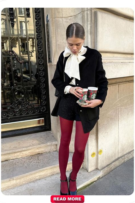 Black coat and red tights create a standout casual Christmas outfit idea. Elegant black with a pop of holiday red, blending warmth and festive style effortlessly. Dark Christmas Outfit, Red And Black Christmas Outfit, Christmas Outfit Women Casual, Casual Christmas Outfit Ideas, Red Black Outfit, Christmas Outfit Ideas For Women, Black Tights Outfit, Christmas Outfit Casual, Red Tights