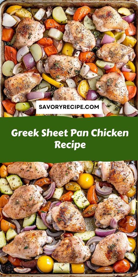 Looking for a flavorful Mediterranean dinner that’s easy to prepare? This Greek Sheet Pan Chicken Recipe combines tender chicken with vibrant veggies and zesty herbs for a wholesome meal. Save this recipe to your Mediterranean Dinner Ideas board for a quick weeknight dinner that the whole family will love! Greek Sheet Pan Chicken, Mediterranean Dinner Ideas, Sheet Pan Chicken Recipe, Greek Sheet Pan, Chicken With Roasted Vegetables, Quick Delicious Dinner, Mediterranean Dinner, Sheet Pan Meals Chicken, Pan Chicken Recipes