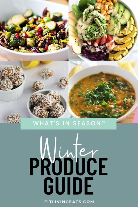 What’s in season? Winter produce guide to help you shop seasonally at the grocery store, plus recipes to inspire you in the kitchen. Get the full details >> https://www.fitlivingeats.com/whats-in-season-winter-produce-guide #seasonal #inseason #winter #holiday #budget #healthy #nutrition Seasonal Eating Winter, Winter Produce Guide, Fig Newton Bars, Balsamic Glaze Brussel Sprouts, Winter Produce, Garlicky Kale, Holiday Fruit, Seasonal Eating, Date Recipes