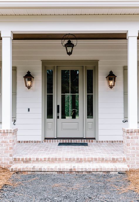 Old Farm Road - American Traditional - Exterior - Atlanta - by Mossy Co. Interiors | Houzz Brick Accent Exterior House Farmhouse, Brick Half Way Up Exterior, Low Country Exterior Homes, German Smear Brick House, White Southern Home Exterior, Old Brick Farmhouse Exterior, Brick Wainscoting Exterior Farmhouse, Update Vinyl Siding Exterior, Old Farmhouse Doors