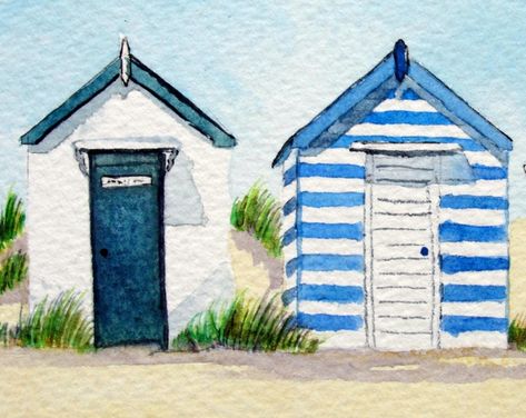 Beach Huts Art Watercolour, Watercolour Beach Huts, Beach House Watercolor Painting, Beach Hut Drawing, Seaside Watercolour, Summer Watercolor Paintings, Simple Beach House, Beach Huts Art, Beach Cottage Design