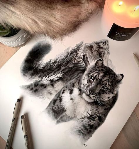 animals and nature drawing Snow Leopard Tattoo Men, Snow Leopard Tattoo Design, Serious Tattoos, Snow Leopard Drawing, Snow Leopard Tattoo, Leopard Drawing, Cute Tattoo Ideas, Leopard Tattoo, Arm Tattoos Drawing