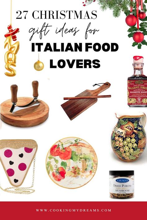 someone who loves Italian Food? Someone who lives and breathes all the Lasagna, Meatballs, Soups, Pasta, and all the possible Italian recipes? Then this gift guide with gift ideas for Italian Food lovers will be the perfect way to start! 27 different Christmas gifts for all price ranges that your Italian Food lover friend or family member will love! Italian Gift Basket Ideas, Pasta Gift Ideas, Italian Gift Baskets, Pasta Gifts, Italian Gifts, Pasta Lover, Pasta Maker, Italian Cooking, Gifts For Cooks