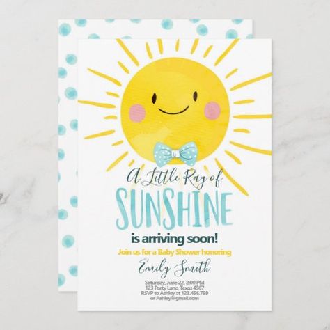 Sunshine Baby Shower Invitations, Sunshine First Birthday, Sunshine Baby Shower, Blue Baby Shower Invitations, Boy Shower Invitations, Summer Party Invitations, Sunshine Baby Showers, A Ray Of Sunshine, Sunshine Birthday