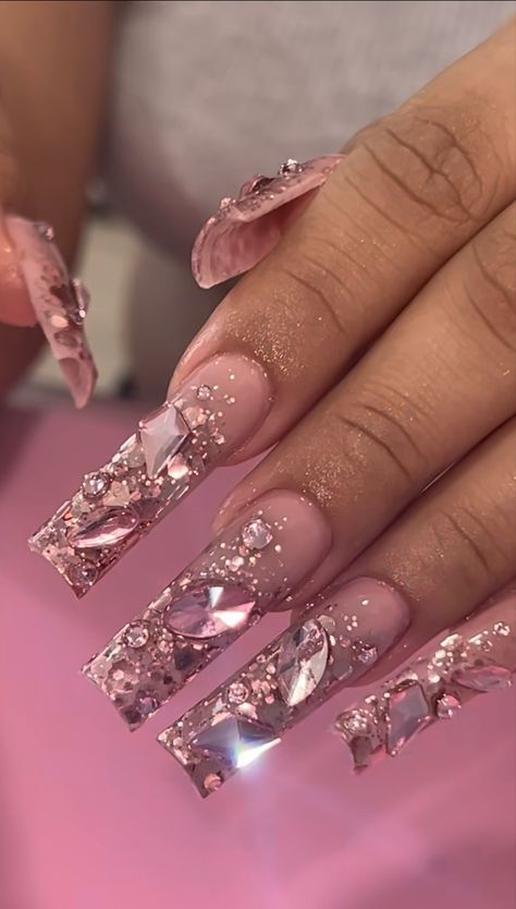 Pink Nails With Pink Rhinestones, Jelly Polygel Nails, Simple Bling Nails Classy, Bling Pink Acrylic Nails, Pink Jeweled Nails, Conquete Nails, Nude Bling Acrylic Nails, Spring Baddie Nails, Glam Pink Nails