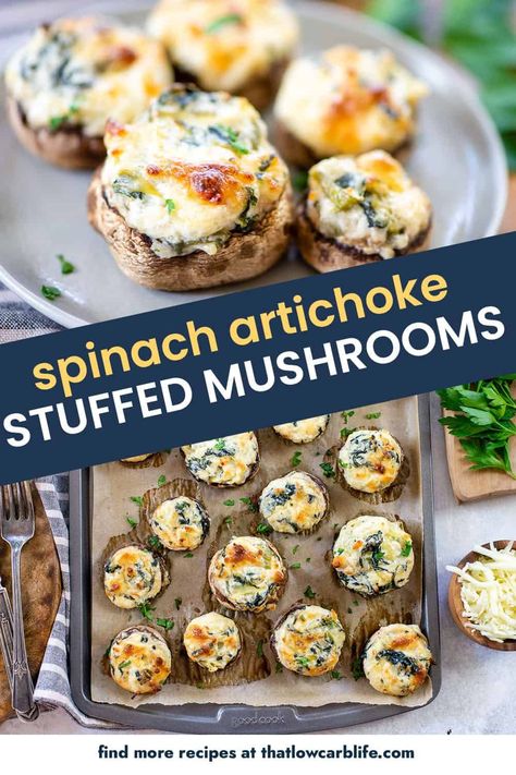 These spinach artichoke stuffed mushrooms are the ultimate low carb and keto appetizer or snack! Spinach Artichoke Stuffed Mushrooms, Artichoke Stuffed Mushrooms, Mushroom Bites, Artichoke Stuffed, Creamy Spinach Dip, Low Carb Appetizers, Fresh Spinach, Spinach Artichoke Dip, Creamy Spinach