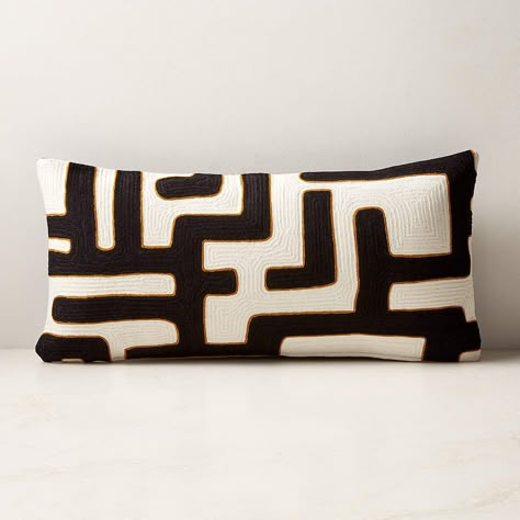 Vitali Embroidered Black and White Lumbar Pillow with Down-Alternative Insert 23''x11'' + Reviews | CB2 Green Velvet Tufted Sofa, White Lumbar Pillow, Funky Mid Century Modern, Velvet Tufted Sofa, Silk Throw Pillows, Suede Pillows, White Throw Pillow, Black And White Pillows, White Throws