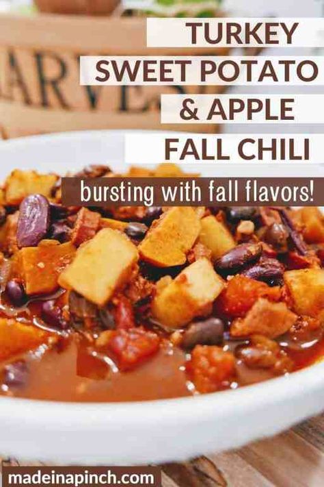 Apple Chili Recipe, Apple Chili, Turkey And Sweet Potato Chili, Potato Chili Recipe, Stove Top Soup, October Meals, Sweet Potatoes And Apples, Turkey Sweet Potato Chili, Potatoes And Apples