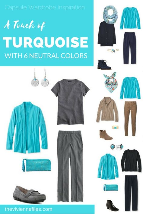 A Touch of Turquoise, with Six Neutrals for your capsule wardrobe. Capsule Wardrobe Color Palette, Wardrobe Color Palette, Turquoise Clothes, The Vivienne Files, Vivienne Files, Wardrobe Color, Color Combinations For Clothes, Minimalist Capsule Wardrobe, Wardrobe Planning