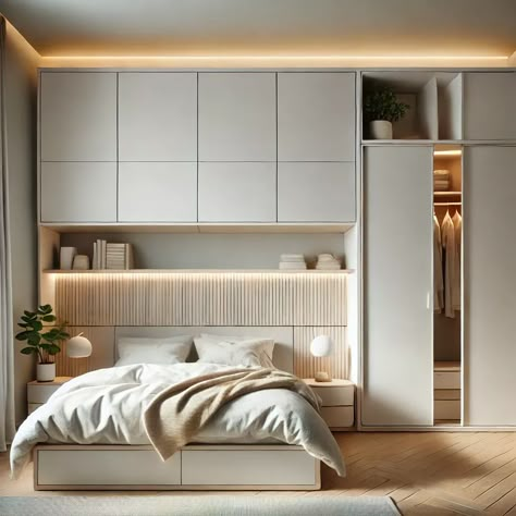 Bed Closet Combo, Bedroom Fitted Wardrobe Ideas Over Bed, Built In Bedroom Cabinets Around Bed, Wardrobe Over Bed, Bedroom Storage Design, Cabinet Headboard, Built In Bedroom Cabinets, Windowless Room, Japanese Style Bedroom