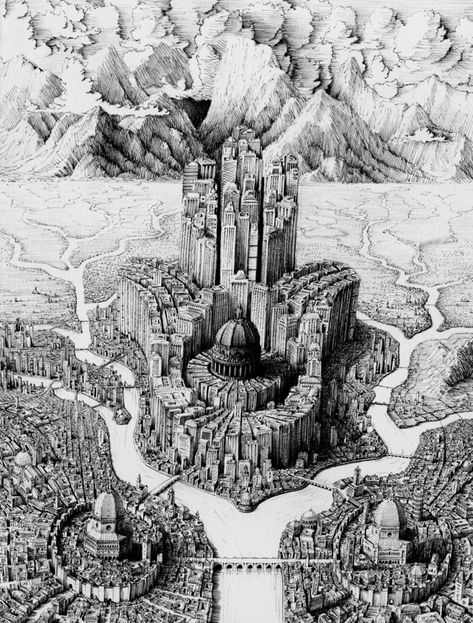 Gallery of Dizzying, Abstract and Meticulous Worlds Created by Artist Benjamin Sack - 16 Grayscale Coloring Pages, Architecture Drawing Art, Building Art, Fantasy City, Fantasy Castle, Grayscale Coloring, Dark Light, Art Et Illustration, Fantasy Concept Art