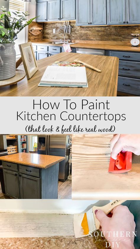 Painting Laminate Countertops To Look Like Wood: The Easy & Affordable Way! Update old & boring countertops to look & feel like real wood using Retique It Wood' N Finish Countertop Kit #countertopmakeover #kitchencountertop #paintedcountertop #kitchencountermakeover #DIYcountertops #paintedwoodcountertops #countertopDIY Laminate Countertops To Look Like Wood, How To Make Countertops Look Like Wood, Makeover Countertops Kitchen, Laminate Wood Countertops Kitchen, Kitchen Diy Countertops, Painting Laminate Countertops To Look Like Wood, Update Old Countertops, Formica Wood Look Countertops, Diy Faux Wood Countertops