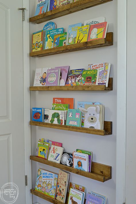 These book ledges are cheap and easy to build, and provide excellent storage for books. They can even be installed behind a door! Book Ledges, Diy Bookshelf Kids, Book Ledge, Kids Book Storage, Nursery Book, Nursery Bookshelf, Room Book, Diy Nursery, Book Wall