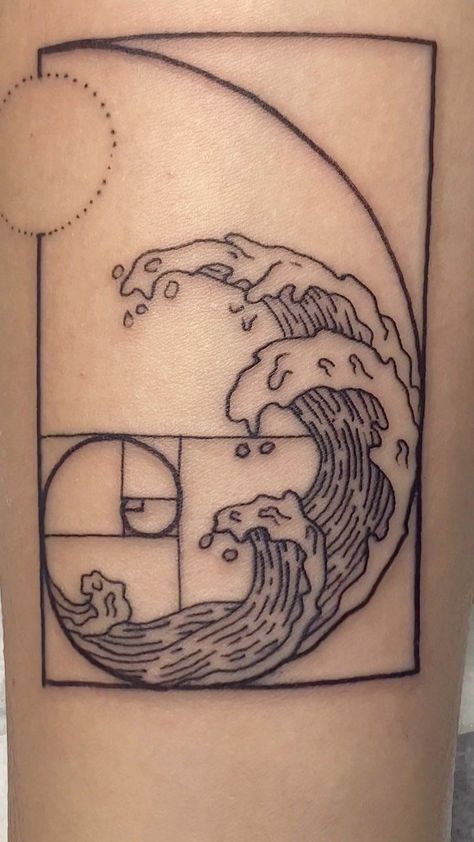 Fibbonaci Spiral Tattoo, Math Tattoo, Physics Tattoos, Golden Ratio Tattoo, Fibonacci Tattoo, Ocean Sleeve, Science Tattoos, Spiral Tattoos, Wave Tattoo Design