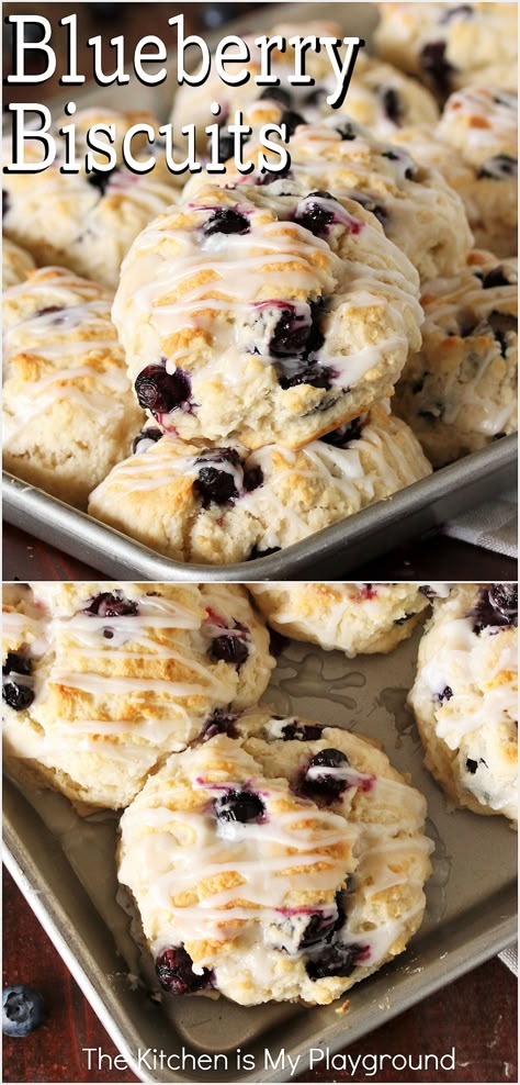 Blueberry Biscuits drizzled with glaze on a baking sheet Sweet Blueberry Biscuits, Bo Berry Biscuits, The Kitchen Is My Playground, Buttermilk Blueberry, Blueberry Biscuits, Frozen Biscuits, Best Homemade Bread Recipe, Sweet Glaze, Blueberry Topping