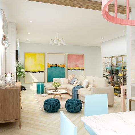 Fun Contemporary Living Room, Pop Of Color Dining Room, Colourful Coastal Living Room, Minimalist Living Room Pop Of Color, All White Room With Pops Of Color, Airy Colorful Living Room, Living Room Colorful Art, Light Airy Colorful Living Room, White Interior With Pops Of Color