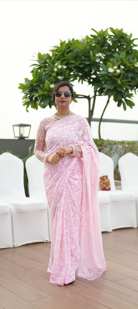 Exquisite pink chikankari saree with lace blouse Pink Chikankari Saree, Chikankari Saree, Indian Bridesmaid Dresses, Pink Saree, Baby Pink, Desi, Bridesmaid Dresses, Saree, Pink