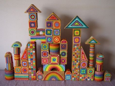 hand painted blocks Block Play, Homemade Toys, Colourful Buildings, Collaborative Art, Wood Toys, Elementary Art, Beautiful Buildings, Art Auction, Diy Toys