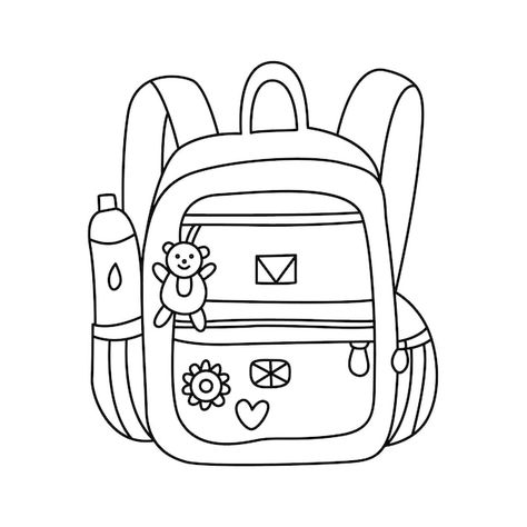 Premium Vector | Schoolbag or backpack with a bottle of water and toy hand drawn doodle illustration Cute Backpack Drawing, Draw Backpack, Backpack Doodle, Geometric Shapes Names, Backpack Drawing, A Bottle Of Water, Backpack Art, Inktober 2024, Bottle Of Water