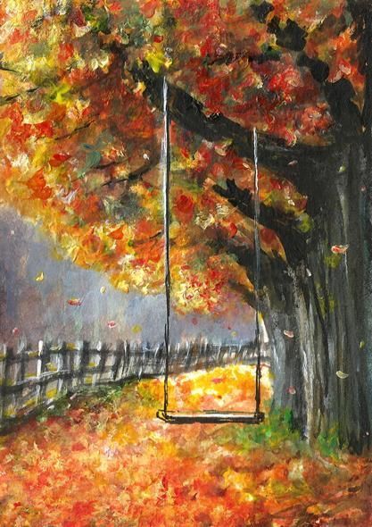 Autumn Acrylic Painting, Fence Trees, Cards Painting, Fall Landscape Painting, Fall Tree Painting, Easy Landscape Paintings, Fall Drawings, Fall Canvas Painting, Aceo Art