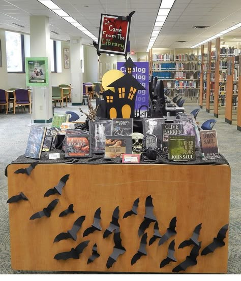 It Came From the Library - Could turn this into a window display. Halloween Library, School Library Decor, School Library Displays, Teen Library, Middle School Libraries, Library Work, Library Themes, Library Book Displays, Elementary School Library