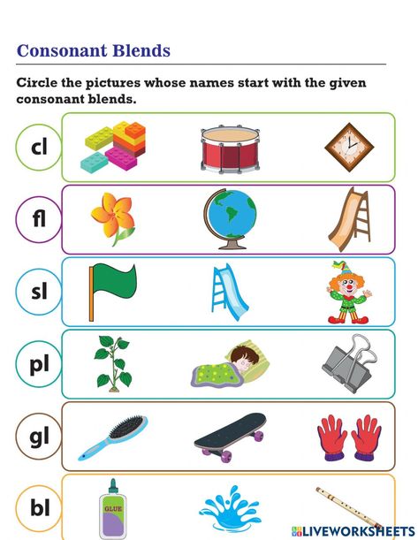 L Blends Worksheets, Og Phonics, Consonant Blends Activities, Live Worksheet, Consonant Blends Worksheets, Phonics Assessments, Blends Activities, L Blends, Cvc Words Kindergarten