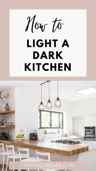 How To Light A Dark Kitchen - We Made This Life Dark Kitchen Cabinets With Light Dining Table, Light And Dark Kitchen Ideas, Lighting For Dark Kitchen, Dark Kitchen Lighting Ideas, Dark Kitchen Lighting, How To Brighten Up A Dark Kitchen, Brighten Dark Kitchen, How To Brighten A Dark Kitchen, Brighten A Dark Kitchen