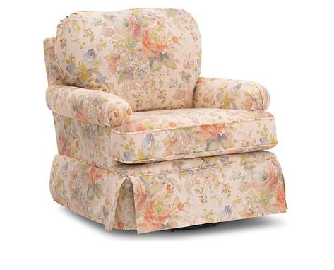 Brighten up your life in absolute comfort with the Willow Swivel Glider, one of our most comfortable chairs. Featuring soft rolled arms, loose seat and back pillow and upholstered in a soft feminine floral, the Willow boasts both swivel and gliding motion to create a chair you'll never want to move from. Perfect for a nursery, kids room or she–shed. Glider Cushions, Shabby Chic Chairs, Comfortable Living Room Chairs, Comfy Accent Chairs, Shabby Chic Sofa, New England Home, Swivel Glider Chair, Floral Chair, Fantasy Furniture