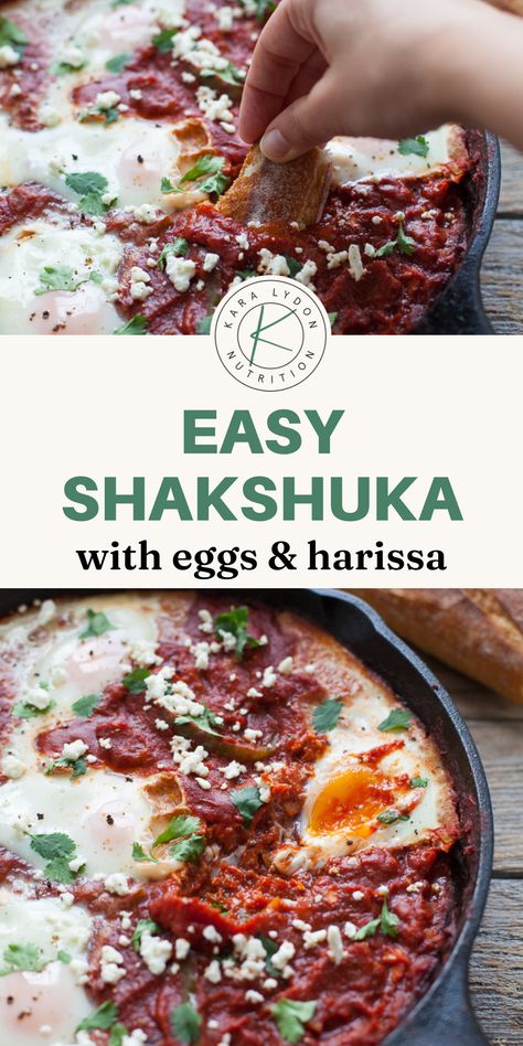 A traditional Middle Eastern dish with a North African twist, this easy homemade shakshuka recipe with eggs and harissa is a perfect savory dish to put on your Sunday brunch menu! It's essentially baked eggs in a spicy tomato stew, and it's so flavorful and delicious. Shakshuka Recipe Traditional, Jewish Breakfast, Easy Shakshuka Recipe, Easy Shakshuka, Recipe With Eggs, Shakshuka Recipe, Tomato Stew, Shakshuka Recipes, East Recipes