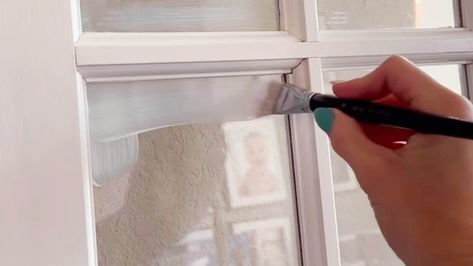 I'm a DIY pro – the easy way to paint around glass WITHOUT using tape How To Paint Glass Windows, Paint Glass Windows, Outdoor Window Trim, Painted French Doors, Painted Window Frames, Painting On Glass Windows, Painting Hacks, Door Painting, Paint Bar