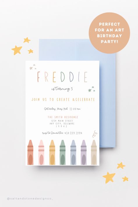 This CUSTOMIZABLE & PRINTABLE invitation is perfect for an ART birthday party celebration! Download and print at home or with a professional printer. Save on paper and postage and send via text or email. Arts And Crafts Party Invitation, Art Theme Birthday Party Invitation, Art Birthday Party Invite, Art Birthday Party Invitations Free, Art Birthday Invitations, Art Birthday Party Invitations, Art Party Invitations, Art Invitation, Art Birthday Party