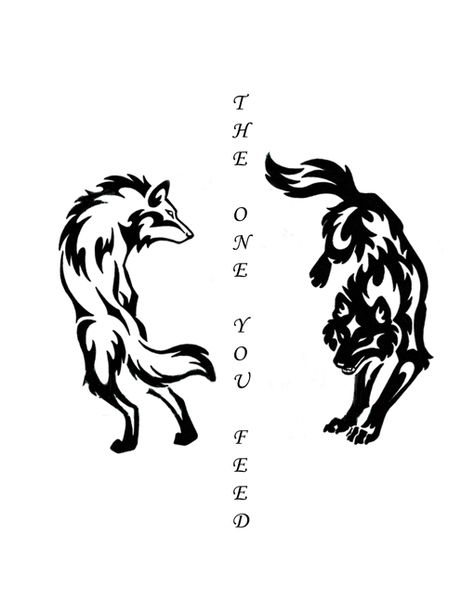 Two wolves exist inside of each in a state of constant struggle. One is hatred, anger, jealousy, fear. The other is love, courage, honesty, and kindness. But which one will win? The one you feed. Wolves Back Tattoo, Brother Sister Wolf Tattoo, Twin Wolf Tattoo, White And Black Wolf Tattoo, Couple Tattoos Wolves, Arctic Wolf Tattoo, Two Wolf Tattoo Design, Two Wolves Tattoo Design, Wolf Symbol Design